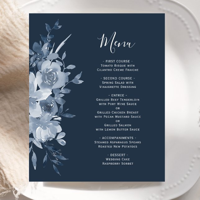 Budget Floral Dusty Blue Navy Wedding Menu (Creator Uploaded)