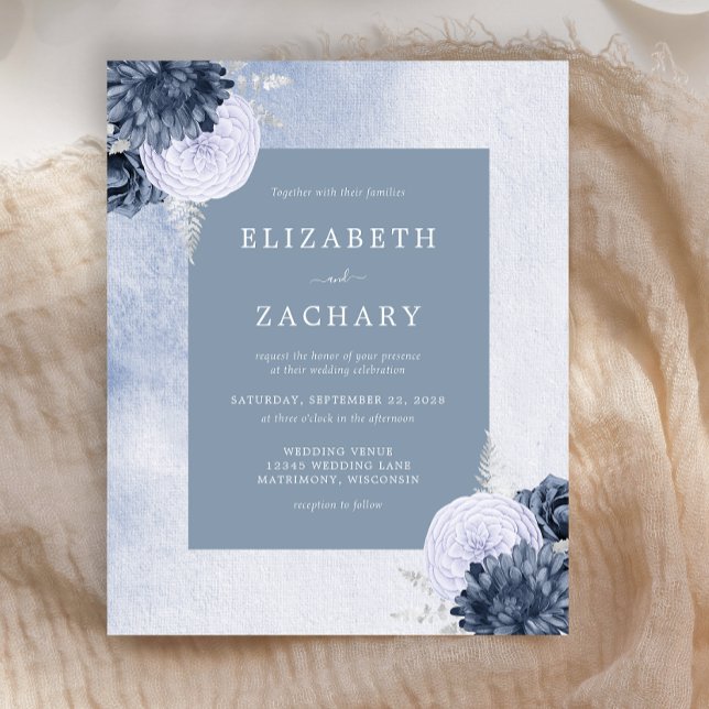 Budget Floral Dusty Blue Silver Wedding Invitation (Creator Uploaded)