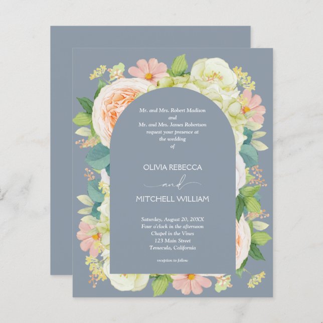 Budget Floral Dusty Blue Wedding All in One Invite (Front/Back)
