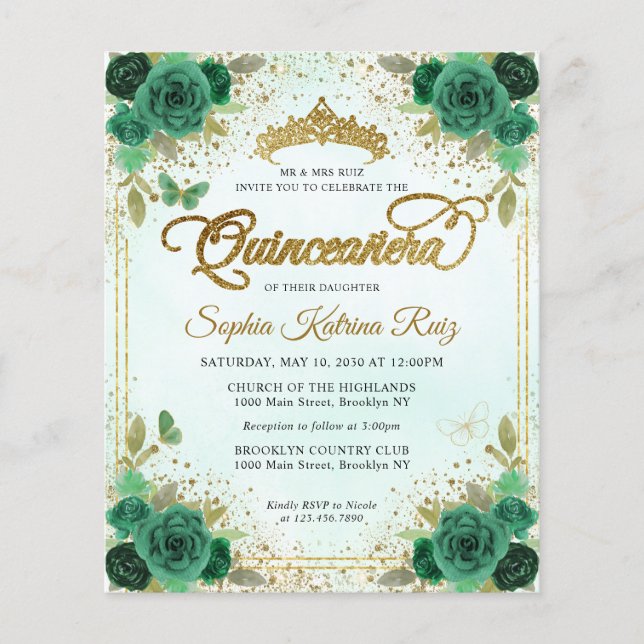 Budget Floral Emerald Green Glam Gold Quinceañera Flyer (Front)