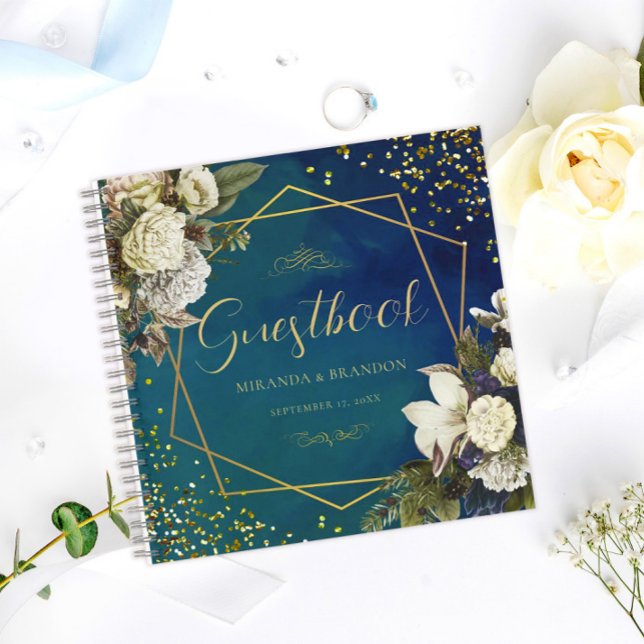Budget Floral Emerald Green Gold Wedding Guestbook Notebook (Creator Uploaded)