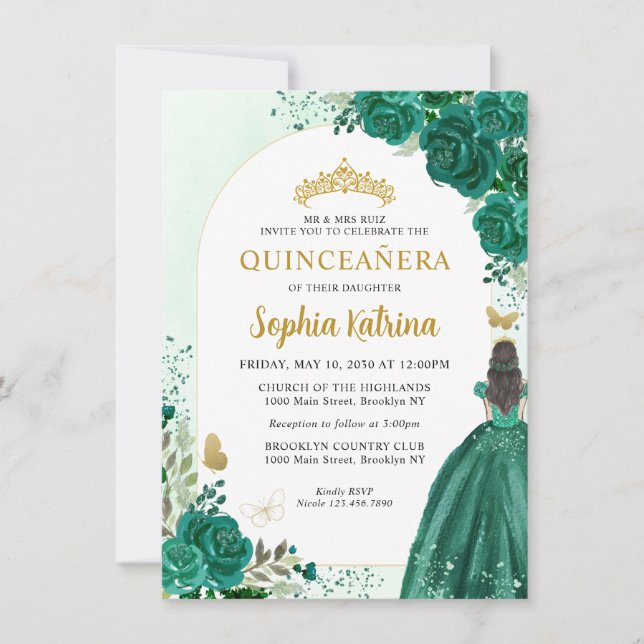 Budget Floral Emerald Green Princess Quinceanera Card (Front)