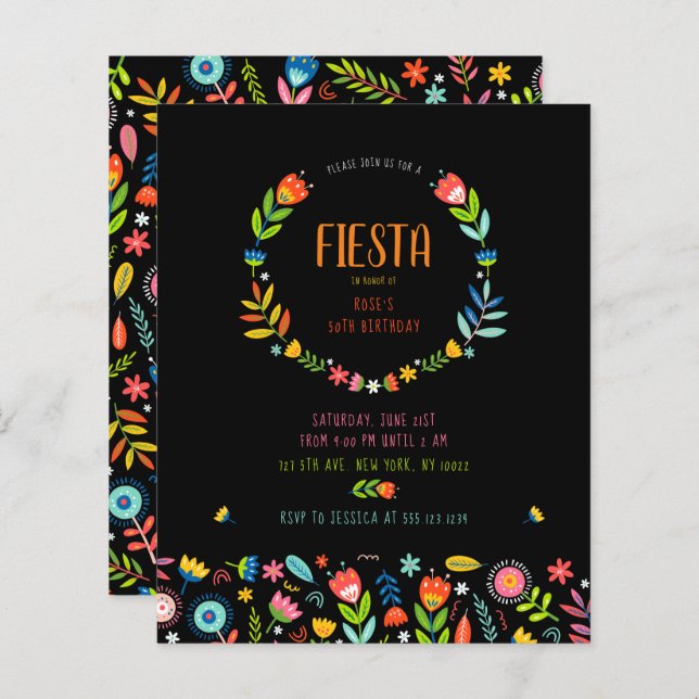 Budget Floral Fiesta Birthday Invitations (Front/Back)