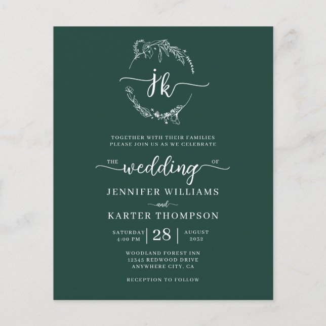BUDGET Floral Forest Green Monogram Photo Wedding  (Front)