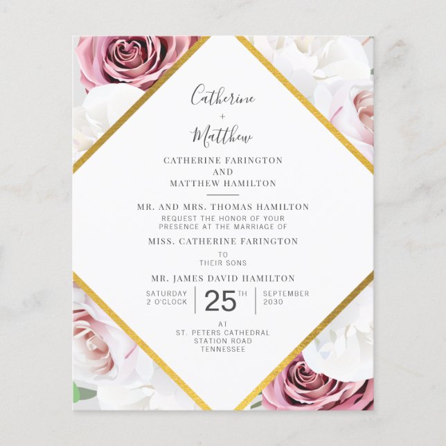 Budget Floral Geometric Script Wedding Invitation (Front)