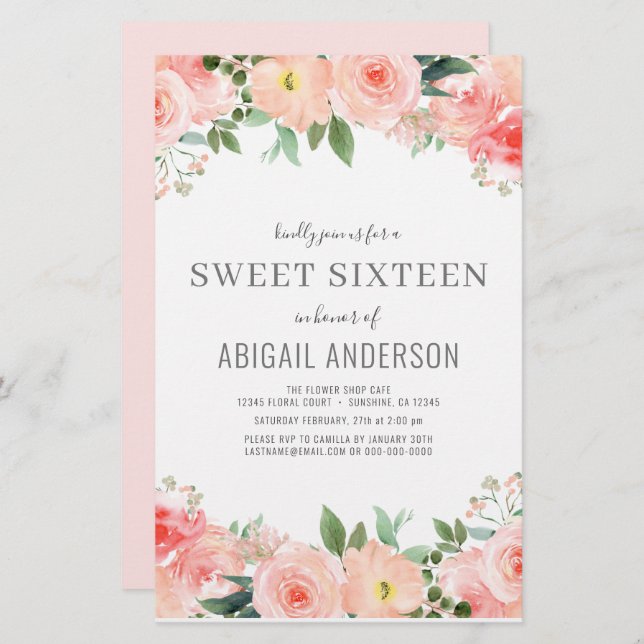 Budget Floral Girly Sweet 16 Birthday Invitation (Front/Back)