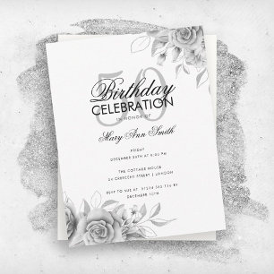 Budget Floral Glam Birthday Party Silver  Invitation