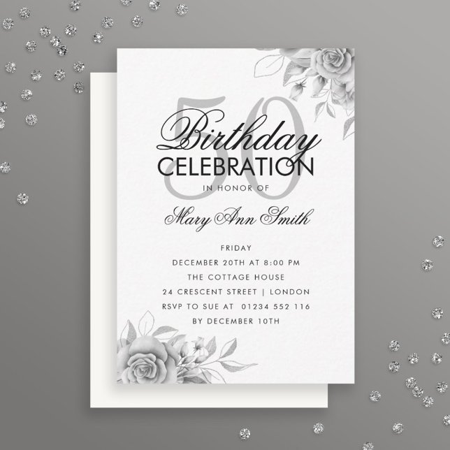 Budget Floral Glam Birthday Silver Invite (Creator Uploaded)