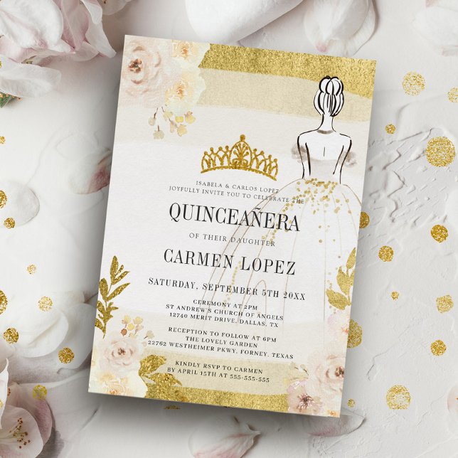 Budget Floral Glitter Gold Princess Quinceanera In Invitation (Creator Uploaded)