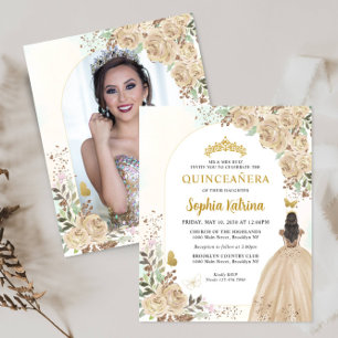 Budget Floral Gold Princess Photo Quinceañera