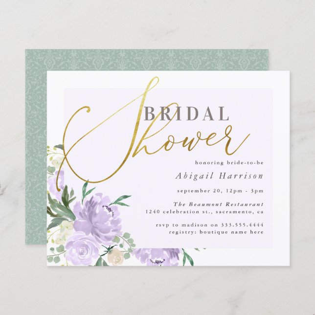 Budget Floral Gold Script Lavender Bridal Shower (Front/Back)