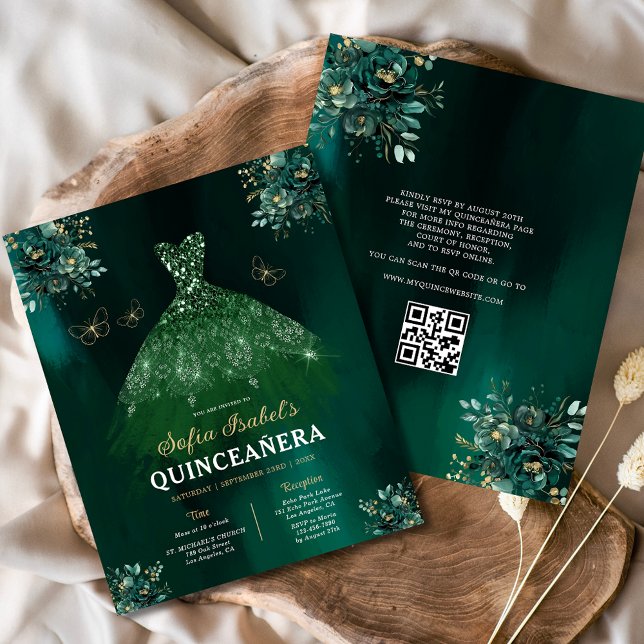 Budget Floral Green Gown Dress QR Code Quinceanera Flyer (Creator Uploaded)
