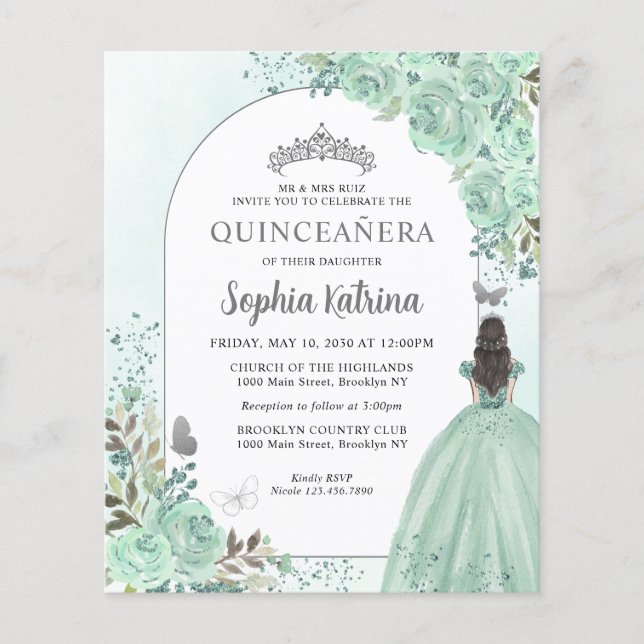 Budget Floral Green Silver Princess Quinceanera (Front)