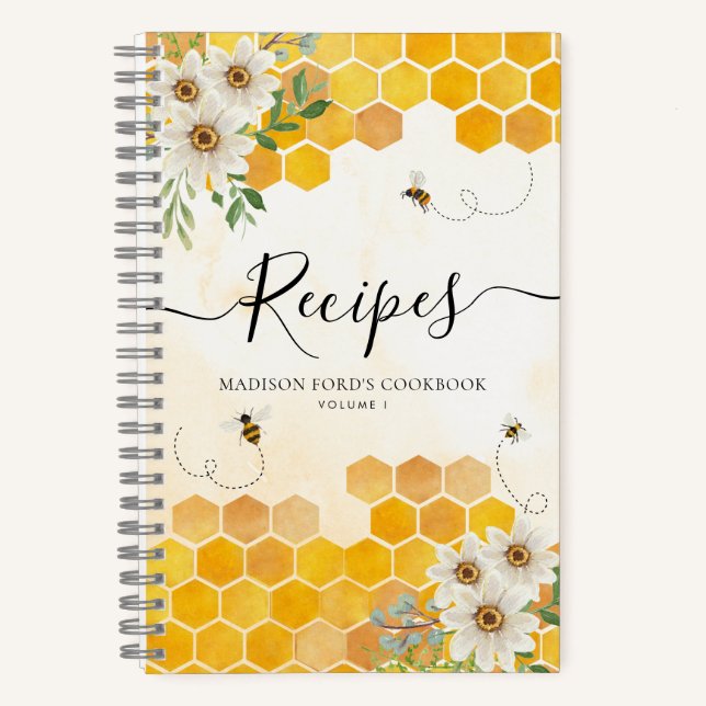 Budget Floral Honeycomb Bumble Honey Bee Recipe Notebook (Front)