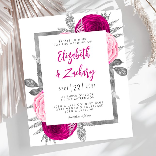 Budget Floral Hot Pink Silver Wedding Invite (Creator Uploaded)