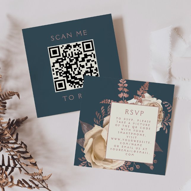 Budget Floral Ivory Rose Gold Teal QR Code RSVP Enclosure Card (Creator Uploaded)