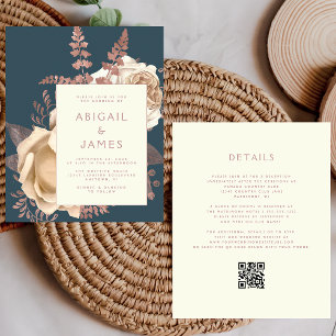Budget Floral Ivory Rose Gold Teal QR Code Wedding