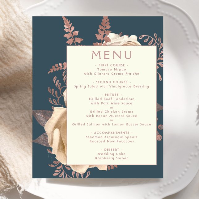 Budget Floral Ivory Rose Gold Teal Wedding Menu (Creator Uploaded)
