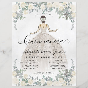 Budget Floral Ivory White Princess Quinceanera