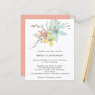 Budget Floral Leaves Teal Coral Wedding Invitation