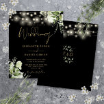 Budget Floral Lights Black Gold Wedding Invitation<br><div class="desc">This elegant black and gold wedding invitation,  featuring pretty string lights and floral greenery,  can be personalised with your information in chic modern typography with your monogram initials on the reverse. Designed by Thisisnotme©</div>