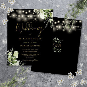 Budget Floral Lights Black Gold Wedding Invitation