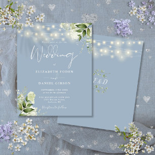 Budget Floral Lights Dusty Blue Wedding Invitation
