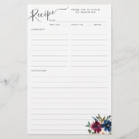 Budget Floral Navy Blue Burgundy Red Recipe Card