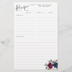 Budget Floral Navy Blue Burgundy Red Recipe Card