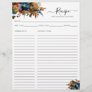 Budget Floral Navy Blue Terracotta Kitchen Recipe Flyer