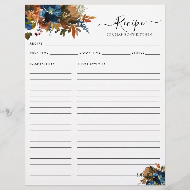Budget Floral Navy Blue Terracotta Kitchen Recipe Flyer (Front)