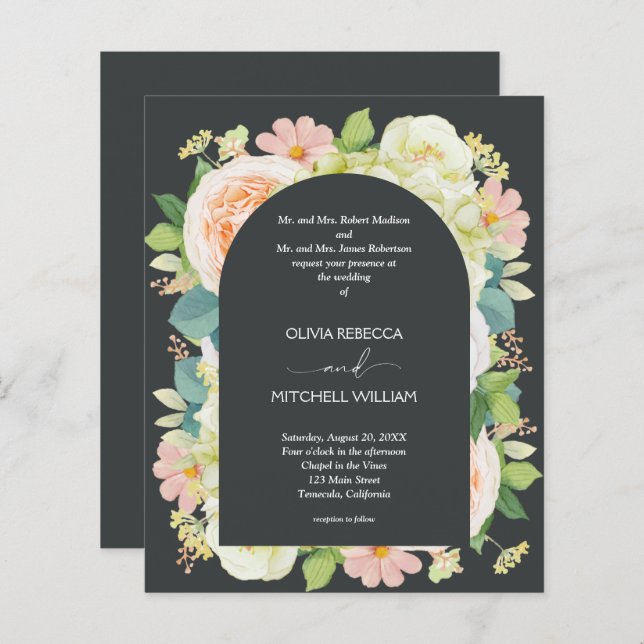 Budget Floral on Onyx Wedding All in One Invites (Front/Back)