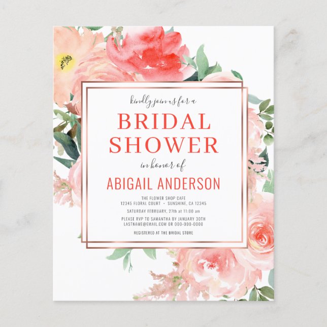 Budget Floral Peach Bridal Shower Invitation Flyer (Front)