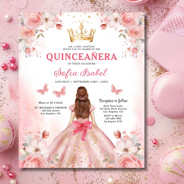 Budget Floral Pink Bilingual Spanish Quinceanera Flyer (Creator Uploaded)
