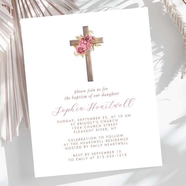 Budget Floral Pink Gold Cross Girl Baptism Invite (Creator Uploaded)