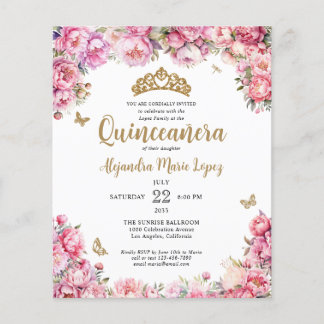 Budget Floral Pink Gold Glitter Tiara Quinceañera