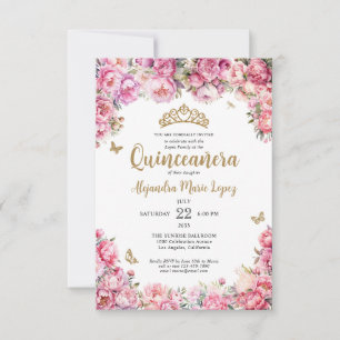 Budget Floral Pink Gold Glitter Tiara Quinceañera Card
