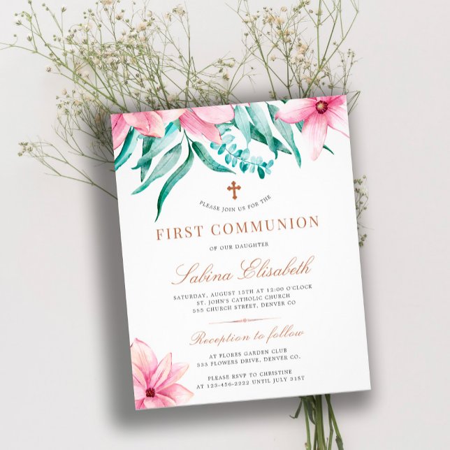 Budget floral pink holy first communion invitation flyer (Creator Uploaded)