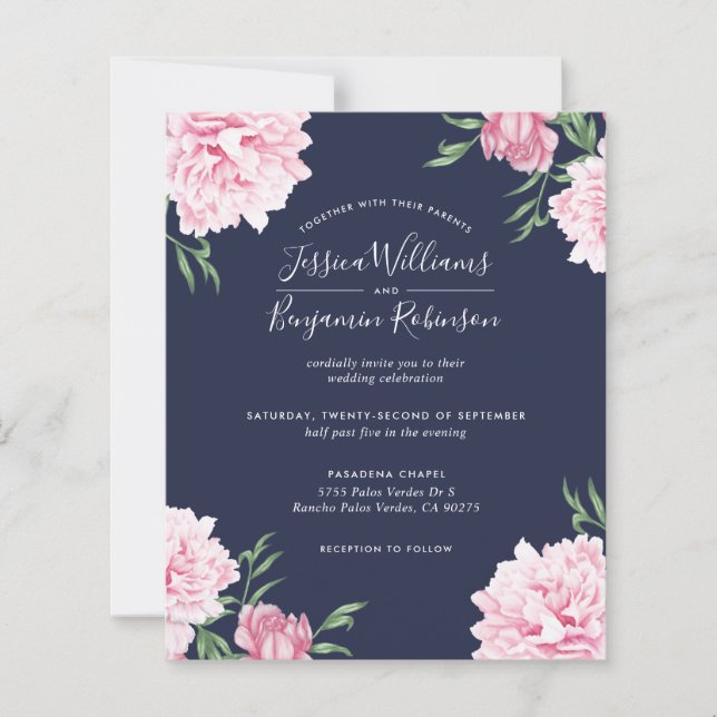 Budget Floral Pink Peony Botanical Navy Invitation (Front)