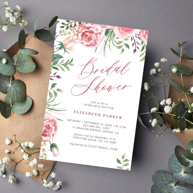Budget floral pink script bridal shower invitation flyer (Creator Uploaded)