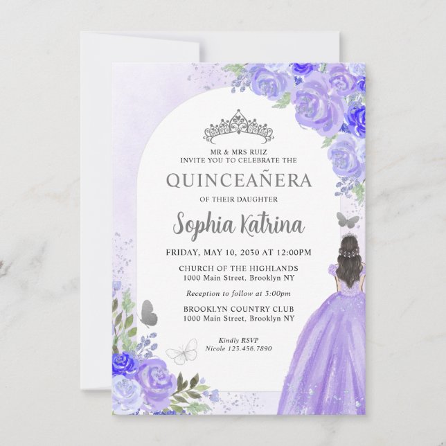 Budget Floral Purple Grey Princess Quinceanera Card (Front)