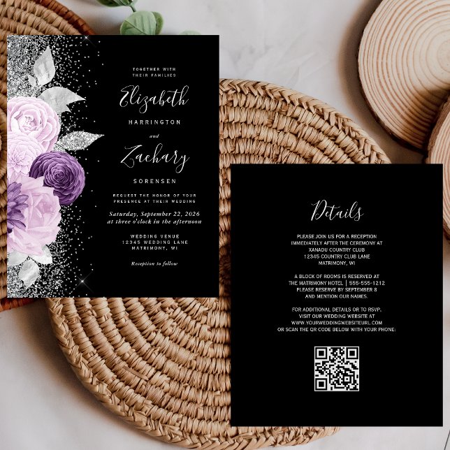 Budget Floral Purple Silver Black QR Code Wedding (Creator Uploaded)