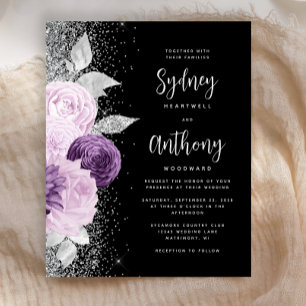 Budget Floral Purple Silver Black Script Wedding