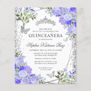 Budget Floral Purple Silver Quinceañera Invite