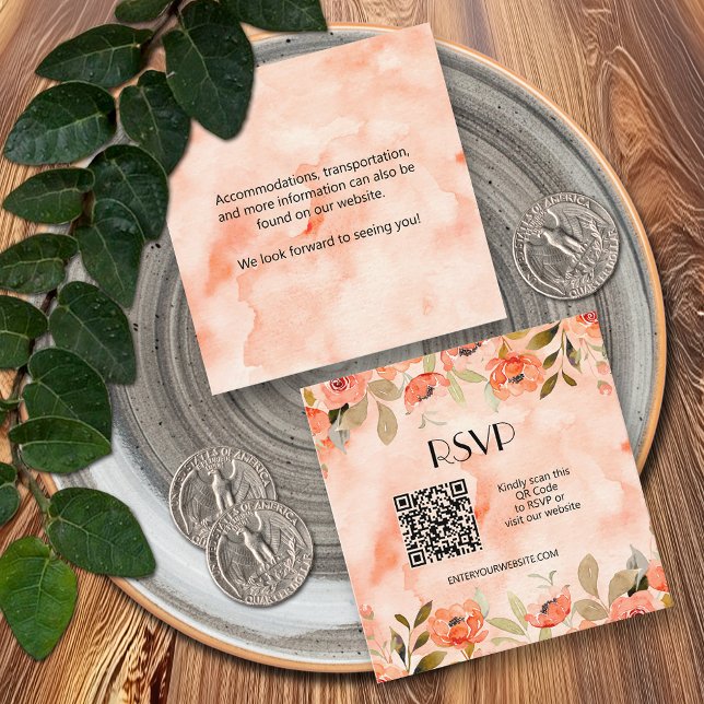Budget Floral QR Code RSVP Wedding Enclosure Card (Orange floral QR code wedding RSVP enclosure cards)