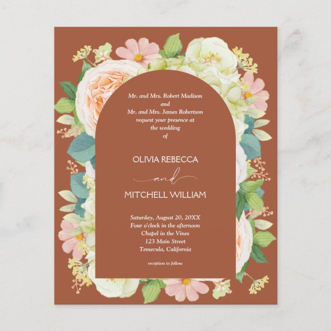 Budget Floral QR Code Terracotta Wedding Invites (Front)