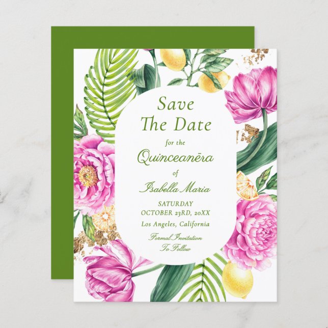 Budget Floral Quinceañera Save The Dates (Front/Back)