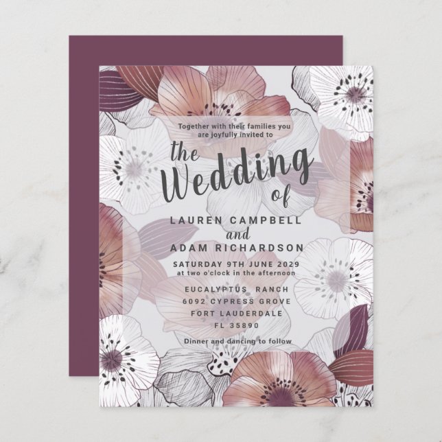 Budget Floral Red  Purple Wedding Invitation (Front/Back)