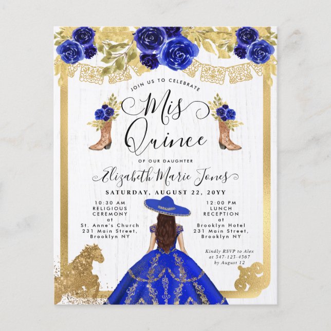 Budget Floral Royal Blue Gold Charra Quinceanera (Front)