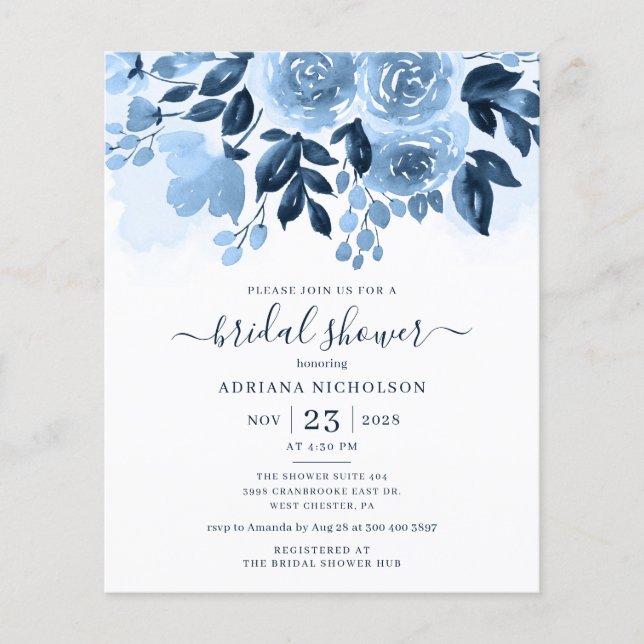 Budget Floral Script Navy Bridal Shower (Front)